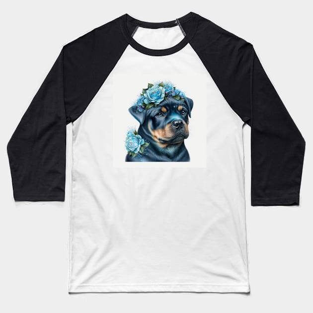 Blue Rosey Rottweiler Art Baseball T-Shirt by Enchanted Reverie